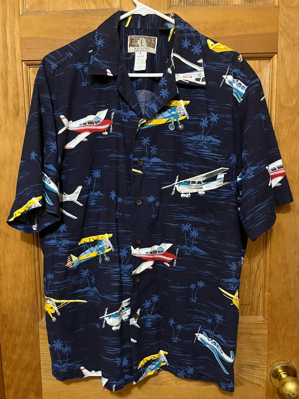Kalaheo Men’s Navy Blue Hawaiian Shirt with Airplane Print Men’s Size Large